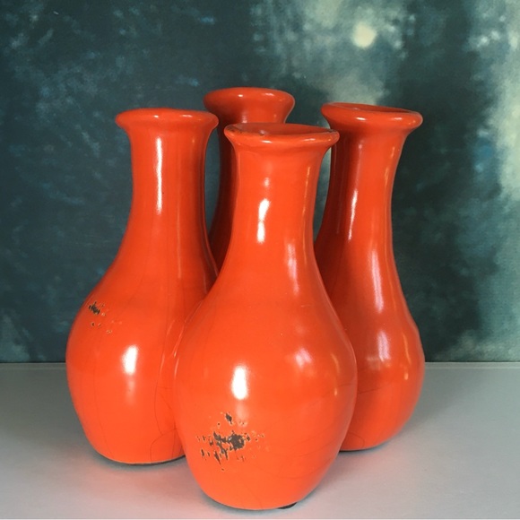 A Pop Of Orange Color Pottery Art Crackled Bud Vase Cluster Connected Conjoined - Picture 3 of 9